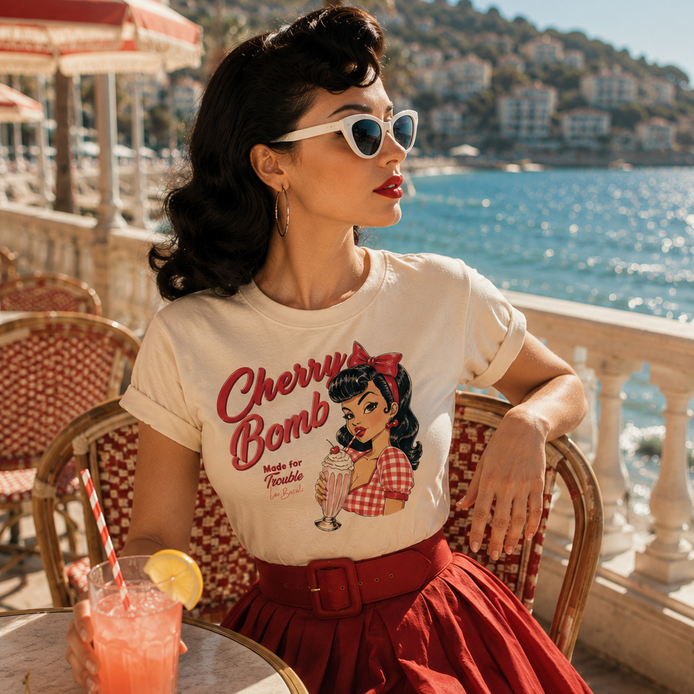 Mannequin portant le t-shirt Cherry Bomb de Lou Basali sur une terrasse en bord de mer