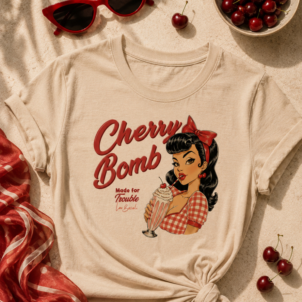 T-shirt Cherry Bomb illustré par Lou Basali présenté en flatlay avec cerises et lunettes rétro