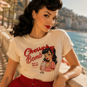 Mannequin portant le t-shirt Cherry Bomb avec illustration pin-up rétro de Lou Basali