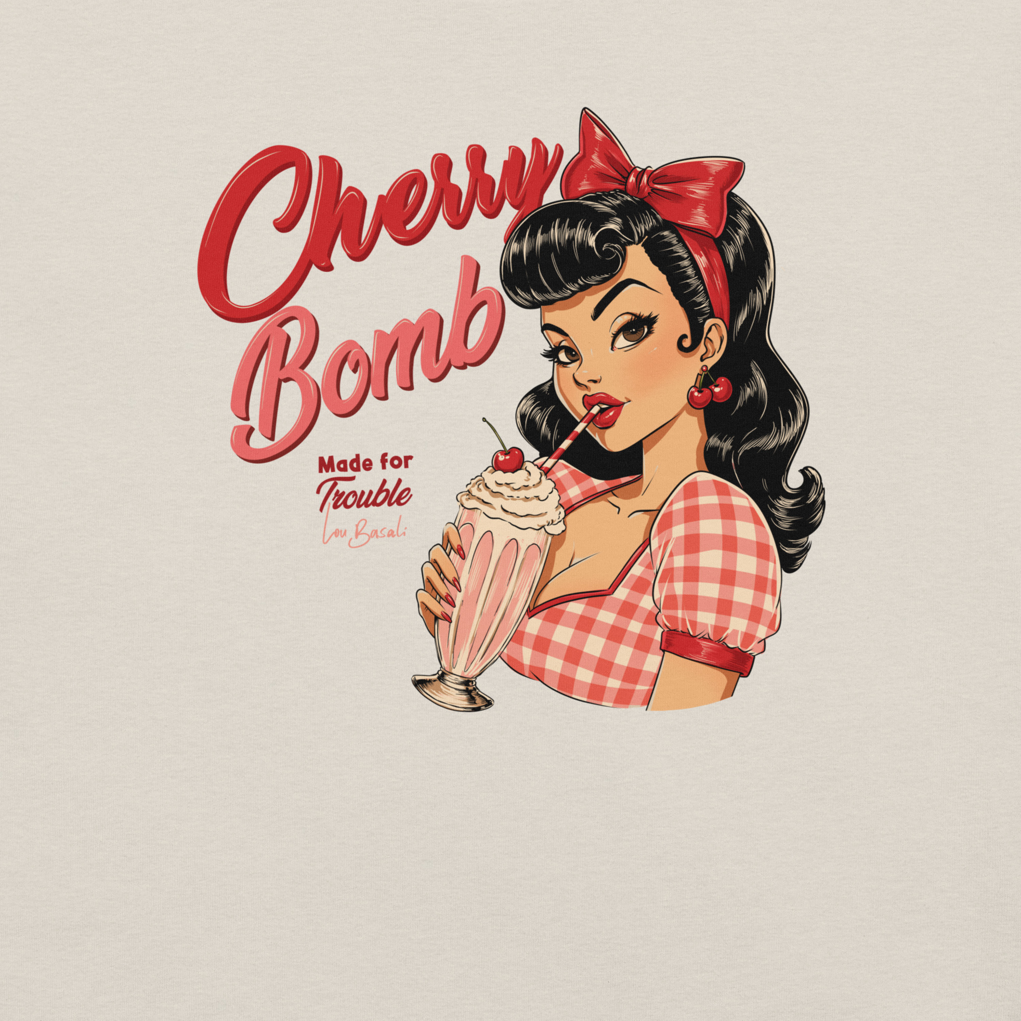 T-shirt Cherry Bomb avec illustration pin-up rétro créée par Lou Basali