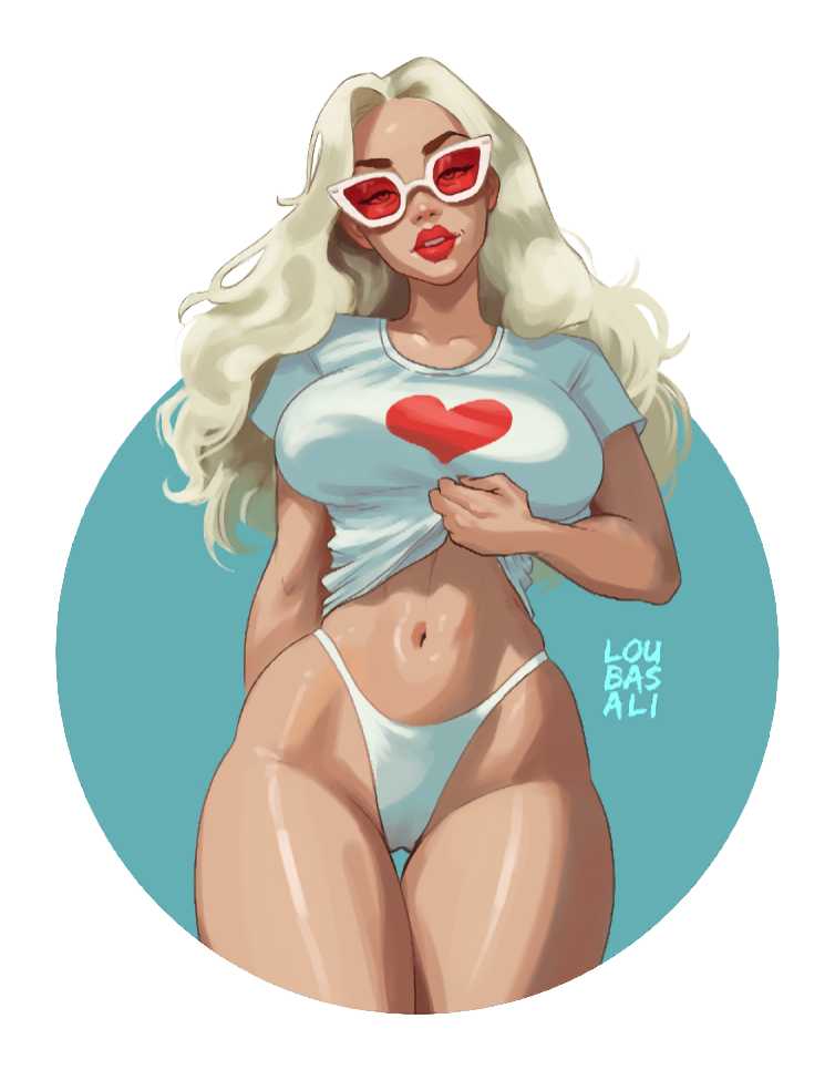 Illustration Summer Crush, pin-up blonde rétro avec lunettes de soleil et cœur rouge