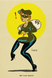 Bad Luck Bandit: une pin-up voleuse sexy surprise avec un sac d'or sur l'épaule
