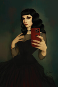 Peinture digitale à la façon d'un ancien portrait de peinture classique d'une femme pin-up rock qui se prend en photo avec son smartphone
